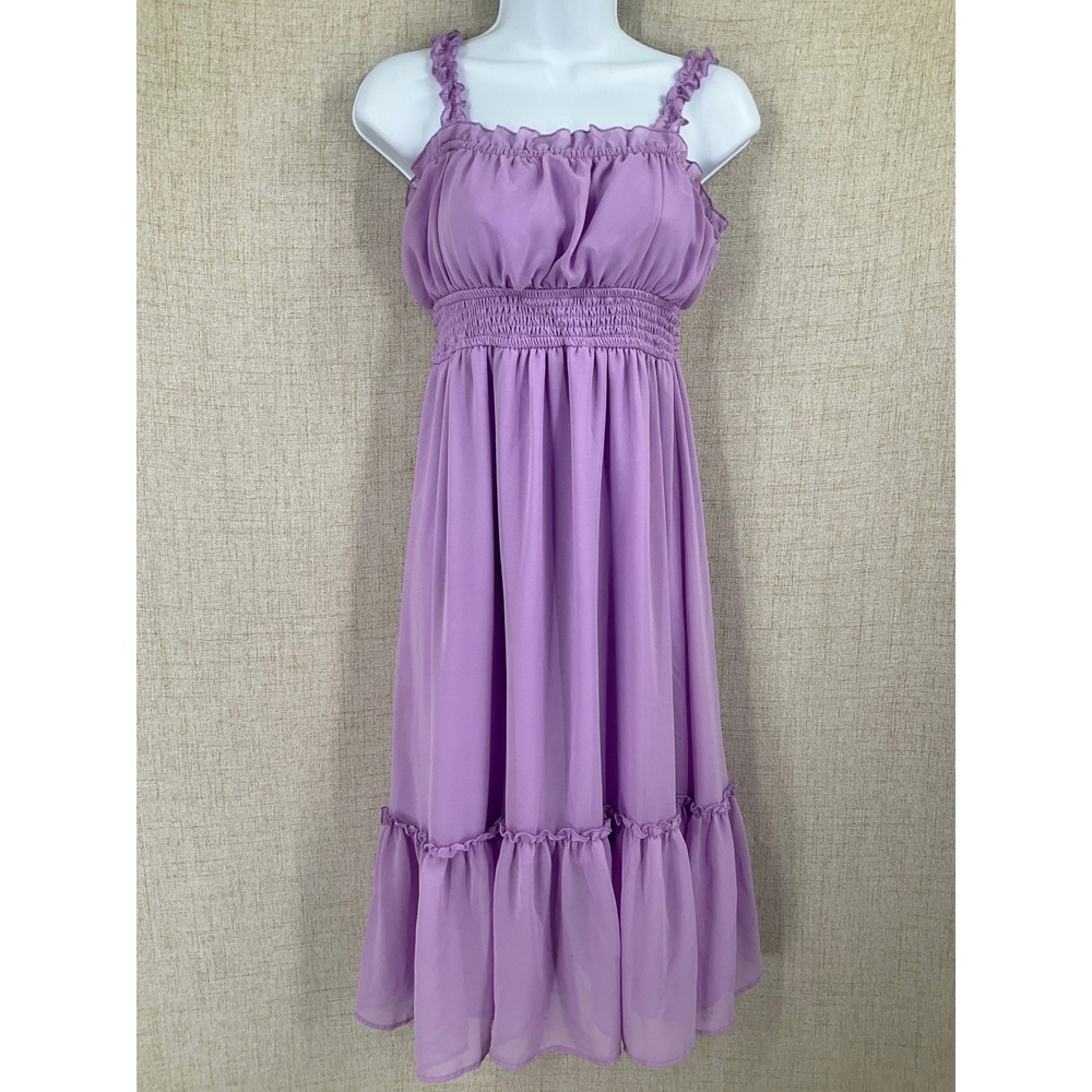 Heart & Moon Midi Dress Womens M Purple Milkmaid Smocked Ruffle Boho Fairy Flowy
